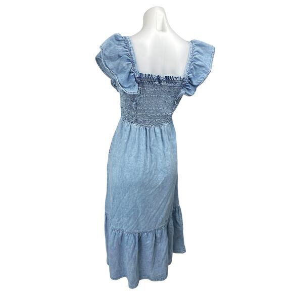 Gap Blue Denim Chambray Smocked Flutter Sleeve Ruffle Midi A-line Dress Size XS - Picture 2 of 4